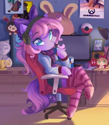 Size: 5099x5837 | Tagged: safe, artist:saxopi, derpibooru import, oc, oc:lillybit, unofficial characters only, earth pony, pony, semi-anthro, adorkable, bow, chair, clothes, commission, computer, cute, dork, energy drink, gaming headset, headphon, headphones, headset, image, plushie, png, red bull, ribbon, socks, solo, striped socks
