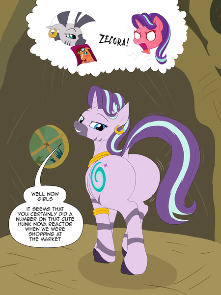 Size: 3000x4000 | Tagged: safe, artist:zoarvek, author:bigonionbean, derpibooru import, starlight glimmer, zecora, oc, oc:voodoo charms, earth pony, hybrid, pony, unicorn, zebra, blushing, butt, commissioner:bigonionbean, cutie mark, dialogue, ear piercing, earring, embarrassed, female, flank, fusion, fusion:voodoo charms, image, jewelry, jiggle, large butt, mare, nom, photo, picture, piercing, plot, png, red face, shocked, striped, thicc ass, thought bubble, treehouse, zecora's hut, zeeb