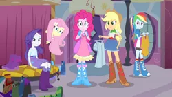 Size: 3410x1920 | Tagged: safe, derpibooru import, screencap, applejack, fluttershy, pinkie pie, rainbow dash, rarity, equestria girls, equestria girls (movie), applejack's hat, belt, boots, bracelet, clothes, cowboy boots, cowboy hat, cutie mark, cutie mark on clothes, denim skirt, female, hairpin, hat, high res, image, jewelry, jpeg, open mouth, shoes, skirt