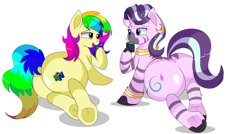 Size: 8800x5160 | Tagged: safe, artist:rainbowtashie, author:bigonionbean, derpibooru import, starlight glimmer, zecora, oc, oc:rainbow tashie, oc:voodoo charms, earth pony, hybrid, pony, unicorn, zebra, butt, commissioner:bigonionbean, cutie mark, dialogue, ear piercing, earring, female, flank, fusion, fusion:voodoo charms, image, jewelry, large butt, lying down, mare, nintendo, nintendo 64, piercing, plot, png, prone, striped, thicc ass, zeeb