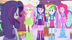 Size: 3410x1920 | Tagged: safe, derpibooru import, screencap, applejack, fluttershy, pinkie pie, rainbow dash, rarity, sci-twi, twilight sparkle, equestria girls, equestria girls (movie), :o, applejack's hat, backpack, belt, boots, bracelet, clothes, cowboy boots, cowboy hat, cutie mark, cutie mark on clothes, denim skirt, female, hairpin, hat, high res, humane five, humane six, image, jewelry, jpeg, open mouth, shoes, skirt