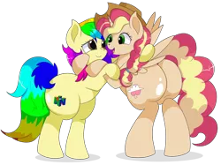 Size: 8700x6500 | Tagged: safe, artist:rainbowtashie, author:bigonionbean, derpibooru import, applejack, pinkie pie, rainbow dash, sunset shimmer, oc, oc:queen motherly morning, oc:rainbow tashie, alicorn, earth pony, pony, alicorn oc, commissioner:bigonionbean, cowboy hat, cutie mark, female, fusion, fusion:queen motherly morning, hat, horn, hug, hugging a pony, image, mare, nintendo, nintendo 64, png, royalty, stetson, wings