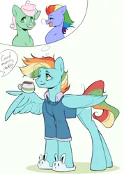 Size: 2132x3000 | Tagged: safe, artist:pledus, author:bigonionbean, derpibooru import, bow hothoof, gentle breeze, oc, oc:creamy clouds, pegasus, pony, clothes, coffee, coffee cup, coffee mug, commissioner:bigonionbean, cup, dialogue, fusion, fusion:creamy clouds, image, male, mug, png, slippers, stallion, thought bubble, wings