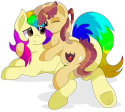 Size: 8800x7900 | Tagged: safe, artist:rainbowtashie, author:bigonionbean, derpibooru import, apple bloom, dinky hooves, oc, oc:rainbow tashie, oc:sparkling apples, earth pony, pony, unicorn, commissioner:bigonionbean, cutie mark, female, filly, foal, fusion, fusion:sparkling apples, horn, hug, hugging a pony, image, lying down, mare, one eye closed, png, prone, wink