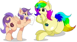 Size: 8800x4800 | Tagged: safe, artist:rainbowtashie, author:bigonionbean, derpibooru import, scootaloo, sweetie belle, oc, oc:rainbow tashie, oc:sweet scooter, earth pony, pegasus, pony, unicorn, butt, commissioner:bigonionbean, cutie mark, female, filly, flank, foal, fusion, fusion:sweet scooter, grades, horn, image, large butt, lying down, mare, nintendo, nintendo 64, not an alicorn, paper, plot, png, side, teary eyes, thicc ass