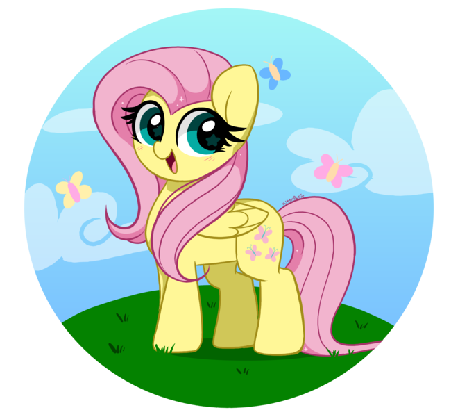 Size: 4662x4306 | Tagged: safe, artist:kittyrosie, derpibooru import, fluttershy, butterfly, insect, pegasus, pony, blushing, cute, image, open mouth, png, shyabetes, simple background, starry eyes, transparent background, wingding eyes