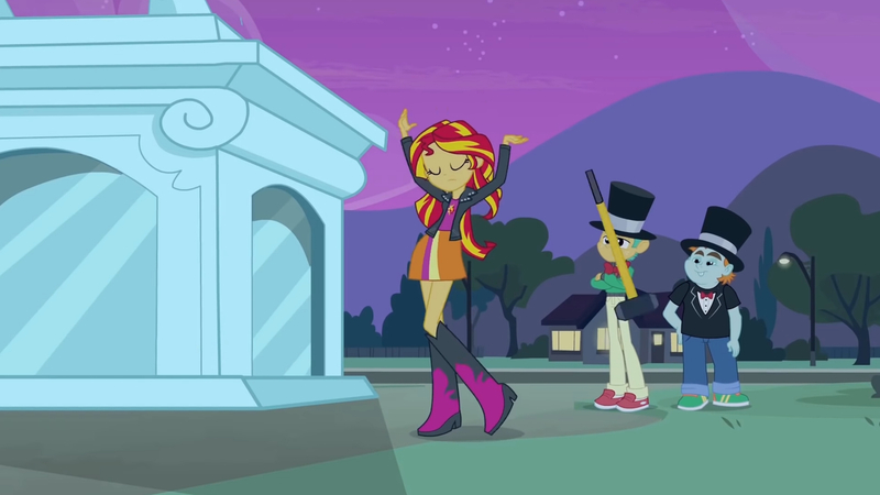 Size: 3410x1920 | Tagged: safe, derpibooru import, screencap, snails, snips, sunset shimmer, human, equestria girls, equestria girls (movie), boots, clothes, crossed arms, cutie mark, cutie mark on clothes, eyes closed, female, frown, hammer, hat, high res, image, jacket, jpeg, leather, leather jacket, male, night, shoes, statue, top hat, trio
