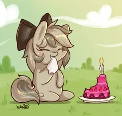 Size: 1134x1080 | Tagged: safe, artist:dsp2003, derpibooru import, oc, oc:stone, earth pony, pony, bipedal, birthday cake, birthday gift art, blushing, bush, cake, candle, chibi, cloud, eyes closed, female, food, gift art, happy birthday, image, mare, png, sitting