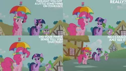 Size: 1280x720 | Tagged: safe, derpibooru import, edit, edited screencap, editor:quoterific, screencap, pinkie pie, spike, twilight sparkle, dragon, earth pony, frog, pony, unicorn, feeling pinkie keen, season 1, female, image, jpeg, male, mare, open mouth, open smile, smiling, unicorn twilight