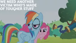 Size: 1280x720 | Tagged: safe, derpibooru import, edit, edited screencap, editor:quoterific, screencap, pinkie pie, rainbow dash, earth pony, pegasus, pony, griffon the brush off, season 1, duo, female, image, jpeg, mare, open mouth, open smile, smiling, telescope