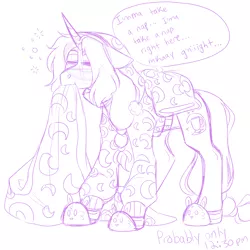 Size: 3000x3000 | Tagged: safe, artist:gingygin, derpibooru import, oc, oc:sleepy time, unofficial characters only, pony, unicorn, blanket, bunny slippers, clothes, floppy ears, image, male, monochrome, offspring, open mouth, pajamas, parent:tree hugger, parent:unknown, png, simple background, sleepy, slippers, solo, speech bubble, stallion, tired, white background
