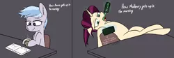 Size: 4374x1444 | Tagged: safe, artist:pinkberry, derpibooru import, oc, oc:mulberry merlot, oc:winter azure, pony, colt, energy drink, femboy, foal, girly, hot drink, image, male, morning ponies, phone, png, reading, relaxing, trap