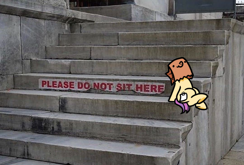 Size: 1080x729 | Tagged: safe, artist:paperbagpony, derpibooru import, oc, oc:paper bag, earth pony, pony, crime, criminal, earth pony oc, fuck the police, image, irl, photo, png, ponified animal photo, solo, stairs