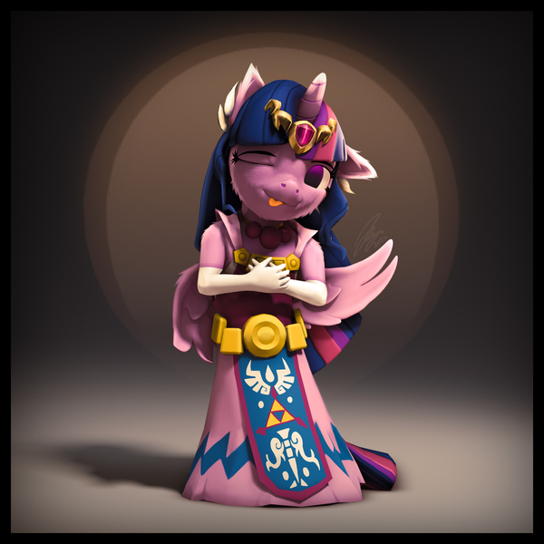 Size: 6400x6400 | Tagged: safe, artist:imafutureguitarhero, derpibooru import, sci-twi, twilight sparkle, twilight sparkle (alicorn), alicorn, anthro, 3d, :p, absurd resolution, arm fluff, arm freckles, border, cheek fluff, chest freckles, chromatic aberration, clothes, crossover, cute, dress, ear fluff, female, film grain, fluffy, freckles, fur, gloves, hand on chest, hands on chest, horn, image, jewelry, jpeg, long gloves, looking at you, necklace, one eye closed, princess zelda, regalia, revamped ponies, scitwilicorn, shadow, shoulder fluff, shoulder freckles, signature, source filmmaker, square, the legend of zelda, the legend of zelda: the wind waker, tiara, tongue out, twiabetes, wall of tags, wings, wink, winking at you
