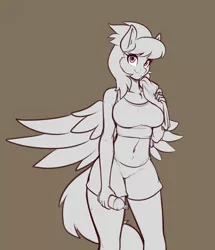 Size: 824x960 | Tagged: suggestive, artist:scorpdk, derpibooru import, cloudchaser, anthro, pegasus, belly button, bottle, breasts, busty cloudchaser, chest fluff, clothes, ear fluff, eyebrows, eyebrows visible through hair, female, image, jpeg, looking at you, monochrome, shorts, solo, solo female, sports bra, sweat, towel