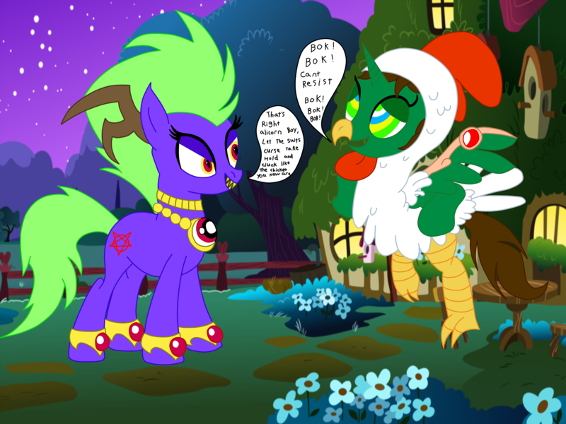 Size: 2828x2121 | Tagged: questionable, artist:insanespyro, derpibooru import, oc, oc:frost d. tart, oc:midnight devilwitch, unofficial characters only, alicorn, pony, alicorn oc, animal costume, chicken suit, clothes, costume, horn, hypnosis, hypnotized, image, mind control, pentagram, png, text, wings