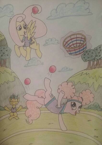 Size: 898x1268 | Tagged: safe, artist:iistarshineii, derpibooru import, fluttershy, pinkie pie, snails, earth pony, pegasus, pony, unicorn, buckball season, ball, buckball, image, jpeg, levitation, magic, pinktails pie, telekinesis, traditional art