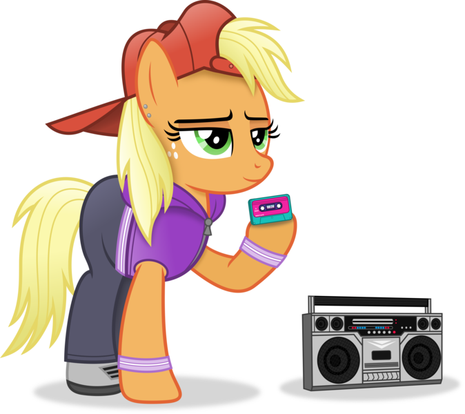 Size: 4285x3816 | Tagged: safe, artist:anime-equestria, derpibooru import, applejack, earth pony, pony, '90s, absurd resolution, alternate hairstyle, backwards ballcap, baseball cap, boombox, cap, cassette tape, clothes, ear piercing, female, freckles, green eyes, hat, hoodie, hoof hold, hooves, image, lidded eyes, mare, piercing, png, shading, shadow, simple background, smiling, solo, standing, transparent background, vector, wristband