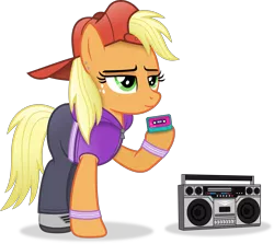 Size: 4285x3816 | Tagged: safe, artist:anime-equestria, derpibooru import, applejack, earth pony, pony, '90s, absurd resolution, alternate hairstyle, backwards ballcap, baseball cap, boombox, cap, cassette tape, clothes, ear piercing, female, freckles, green eyes, hat, hoodie, hoof hold, hooves, image, lidded eyes, mare, piercing, png, shading, shadow, simple background, smiling, solo, standing, transparent background, vector, wristband