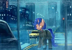 Size: 2000x1402 | Tagged: safe, artist:menalia, derpibooru import, oc, oc:libra, unofficial characters only, cyborg, pony, unicorn, aesthetics, badge, car, city, cityscape, clothes, cyberpunk, female, gloves, horn, hotel, image, mare, outdoors, pants, png, rain, shirt, shoes