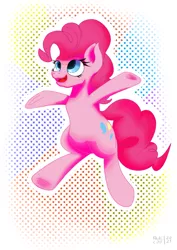 Size: 2480x3508 | Tagged: safe, artist:khaki-cap, derpibooru import, pinkie pie, earth pony, pony, canon, colorful, deviantart, digital art, female, happy, image, jumping, looking up, mare, png, signed, simple, simple background, stars, tail, white background