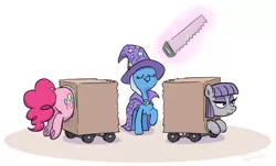 Size: 842x509 | Tagged: safe, artist:foudubulbe, derpibooru import, maud pie, pinkie pie, trixie, earth pony, pony, unicorn, box, box sawing trick, cape, clothes, eyes closed, glow, glowing horn, hat, horn, image, levitation, magic, magic trick, png, saw, simple background, telekinesis, trick, trixie's cape, trixie's hat, white background