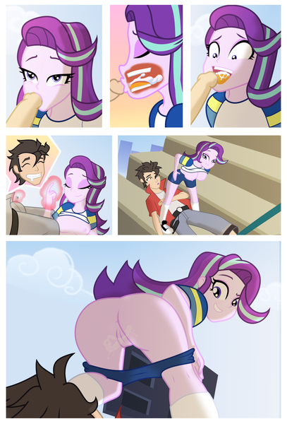 Size: 1900x2800 | Tagged: explicit, artist:deadinside97, derpibooru import, starlight glimmer, oc, oc:draco k-night blaze, equestria girls, bleachers, bottomless, clothed sex, clothes, cloud, comic, creampie, cum, cum in mouth, drool, erection, eyes closed, eyeshadow, female, grin, image, looking back, magic, makeup, male, no bra underneath, no panties, nudity, oral, oral creampie, outdoor sex, outdoors, penis, png, sex, sharp teeth, simple anus, smiling, straight, stripping, teeth, vaginal secretions, vulva, x-ray