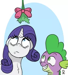 Size: 672x737 | Tagged: safe, artist:pony-thunder, derpibooru import, rarity, spike, dragon, pony, unicorn, grin, image, looking up, mistletoe, one sided shipping, png, shipping, smiling, this will end in kisses
