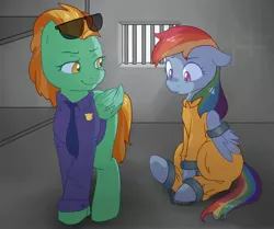 Size: 2448x2048 | Tagged: safe, artist:ponchik_art, derpibooru import, lightning dust, rainbow dash, bound wings, cell, community related, cuffed, image, jail, jpeg, looking down, never doubt rainbowdash69's involvement, prison, prisoner, prisoner rd, smiling, smirk, wing cuffs, wings