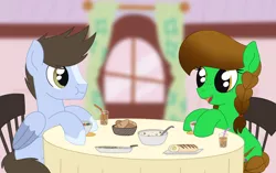 Size: 1848x1159 | Tagged: safe, artist:dyonys, derpibooru import, oc, oc:lucky brush, unofficial characters only, earth pony, pegasus, pony, :t, blaze (coat marking), blurry background, braid, brown mane, chair, coat markings, duo, earth pony oc, eating, facial markings, female, folded wings, food, freckles, hooves, image, looking at each other, looking at someone, male, mare, open mouth, open smile, pegasus oc, png, sitting, smiling, stallion, table, talking, window, wings