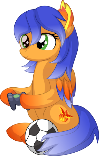 Size: 5056x7978 | Tagged: safe, artist:cyanlightning, derpibooru import, oc, oc:solar aura, unofficial characters only, pegasus, pony, .svg available, absurd resolution, controller, ear fluff, female, football, green eyes, hoof hold, hooves, image, mare, pegasus oc, png, simple background, sitting, smiling, solo, sports, transparent background, vector, wings