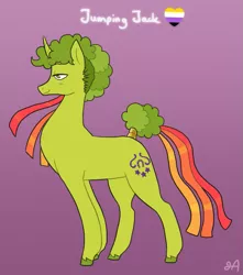 Size: 863x976 | Tagged: safe, artist:greenarsonist, derpibooru import, oc, oc:jumping jack, unofficial characters only, pony, unicorn, image, nonbinary, nonbinary pride flag, png, pride, pride flag, unshorn fetlocks