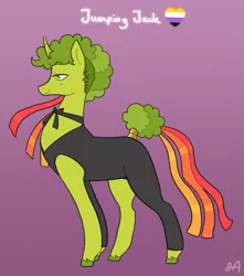 Size: 863x976 | Tagged: safe, artist:greenarsonist, derpibooru import, oc, oc:jumping jack, unofficial characters only, pony, unicorn, alternate clothes, image, nonbinary, nonbinary pride flag, png, pride, pride flag, unshorn fetlocks