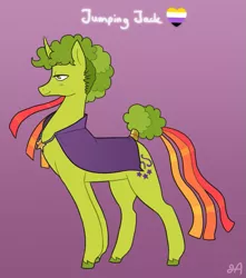 Size: 863x976 | Tagged: safe, artist:greenarsonist, derpibooru import, oc, oc:jumping jack, unofficial characters only, pony, unicorn, alternate clothes, cape, clothes, image, magician, nonbinary, nonbinary pride flag, png, pride, pride flag, unshorn fetlocks