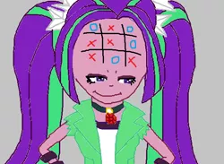 Size: 584x428 | Tagged: artist needed, safe, derpibooru import, aria blaze, equestria girls, female, gray background, image, ms paint, png, simple background, smiling, solo, tic tac toe, zimbabwe