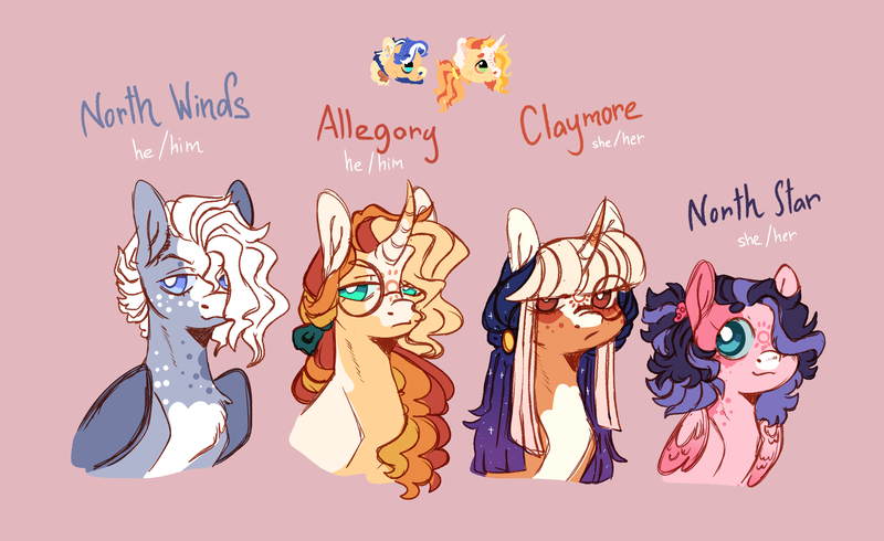 Size: 3266x2000 | Tagged: safe, artist:orphicswanart, derpibooru import, oc, oc:allegory, oc:claymore, oc:north star, oc:north winds, pegasus, pony, unicorn, alternate universe, au:chaoticverse, image, magical gay spawn, offspring, parent:flash sentry, parent:sunburst, parents:flashburst, png, solo, triplets