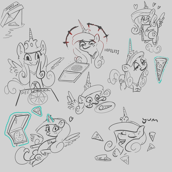 Size: 3000x3000 | Tagged: safe, artist:nannynonads, derpibooru import, princess cadance, alicorn, pony, :p, darkest dungeon, doodles, female, food, gray background, heart, image, magic, peetzer, pizza, png, simple background, smug, telekinesis, that pony sure does love pizza, tongue out