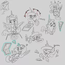 Size: 3000x3000 | Tagged: safe, artist:nannynonads, derpibooru import, princess cadance, alicorn, pony, :p, darkest dungeon, doodles, female, food, gray background, heart, image, magic, peetzer, pizza, png, simple background, smug, telekinesis, that pony sure does love pizza, tongue out