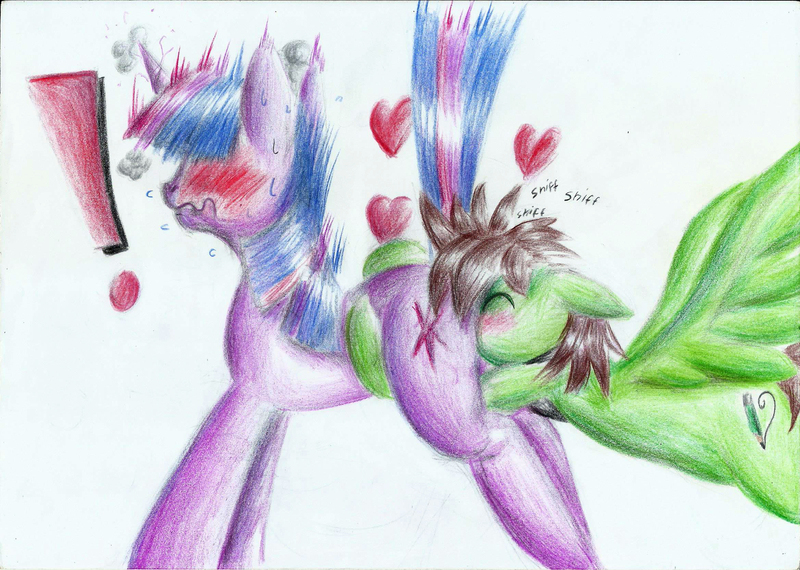 Size: 2333x1661 | Tagged: questionable, artist:3500joel, derpibooru import, twilight sparkle, oc, oc:pencil sketch, pony, unicorn, blushing, butt, canon x oc, duo, exclamation point, faceful of ass, female, heart, image, jpeg, male, sniffing, straight, surprised, traditional art, unicorn twilight