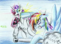 Size: 2324x1660 | Tagged: safe, artist:3500joel, derpibooru import, rainbow dash, sweetie belle, pegasus, pony, robot, unicorn, blood, duo, female, fight, gritted teeth, image, jpeg, open mouth, sweetie bot, traditional art