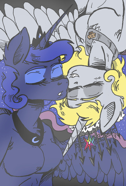 Size: 1668x2466 | Tagged: suggestive, artist:andreu-t, derpibooru import, derpy hooves, princess luna, anthro, breasts, derpycorn, duo, eyes closed, featureless breasts, female, image, jpeg, lesbian, lunaderp, shipping