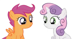 Size: 1102x588 | Tagged: safe, derpibooru import, edit, edited screencap, screencap, scootaloo, sweetie belle, pegasus, pony, unicorn, ask the crusaders, background removed, duo, female, filly, foal, image, looking at each other, looking at someone, not a vector, png, simple background, transparent background