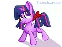 Size: 2160x1620 | Tagged: safe, artist:llamalauncher, derpibooru import, twilight sparkle, twilight sparkle (alicorn), alicorn, pony, alternate hairstyle, bow, chest fluff, female, hair bow, image, pigtails, png, simple background, solo, tongue out, twintails, white background