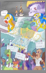 Size: 767x1200 | Tagged: safe, artist:weasselk, author:bigonionbean, derpibooru import, oc, oc:king speedy hooves, alicorn, dragon, earth pony, gryphon, pony, comic:plot of the plot cult, alicorn oc, armor, balcony, bridge, canterlot, canterlot castle, clothes, colored, comic, commissioner:bigonionbean, commissioner:buffaloman20, crowd, dialogue, female, fusion:king speedy hooves, gate, hat, horn, image, male, mare, png, protest, pushing, riot, royal guard, royal guard armor, shield, shirt, shoving, signs, stallion, stormcloud, t-shirt, tower, wings, yelling