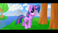 Size: 3840x2160 | Tagged: safe, artist:llamalauncher, derpibooru import, twilight sparkle, twilight sparkle (alicorn), alicorn, pony, female, image, mountain, png, river, solo, tree, water