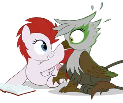 Size: 1176x980 | Tagged: safe, artist:hydrusbeta, derpibooru import, oc, oc:astrid, oc:star fall, unofficial characters only, gryphon, pegasus, fanfic:harmony theory, book, boop, griffon oc, image, lying down, png, prone, simple background, smiling, surprised, transparent background