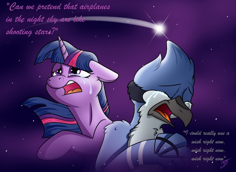 Size: 2200x1600 | Tagged: safe, artist:takutanuvataio, derpibooru import, twilight sparkle, bird, blue jay, pony, aeroplanes and meteor showers, airplanes (song), crossover, crossover shipping, crying, duo, female, image, jpeg, male, meme, mordecai, mordetwi, night, open mouth, regular show, shipping, straight