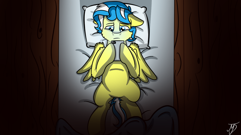 Size: 1280x720 | Tagged: safe, artist:takutanuvataio, derpibooru import, oc, oc:arty quill, unofficial characters only, pegasus, pony, bed, image, lying down, male, mobile phone, night, on back, pegasus oc, phone, png, sad, solo, wings