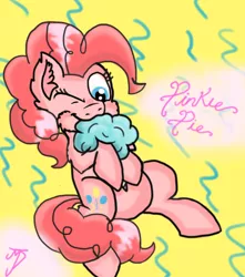 Size: 1200x1360 | Tagged: safe, artist:takutanuvataio, derpibooru import, pinkie pie, earth pony, pony, cotton candy, eating, female, food, image, one eye closed, png, solo