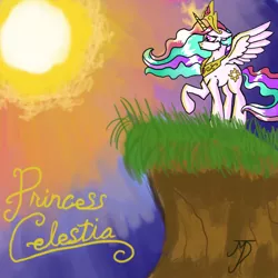 Size: 1024x1024 | Tagged: safe, artist:takutanuvataio, derpibooru import, princess celestia, alicorn, pony, cliff, female, glow, glowing horn, horn, image, jpeg, spread wings, sunrise, wings